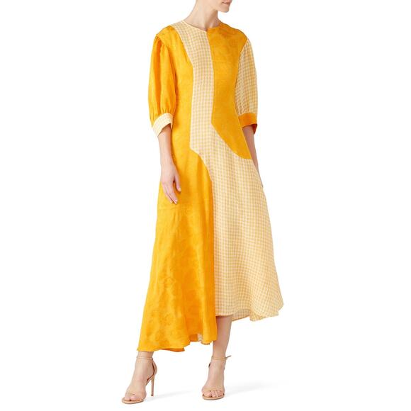 REJINA PYO Marigold Yellow Dylan Asymmetrical Paneled Checkered Linen Dress 12 - Picture 2 of 16